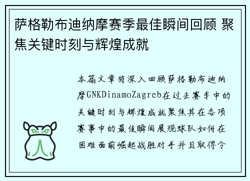 萨格勒布迪纳摩赛季最佳瞬间回顾 聚焦关键时刻与辉煌成就
