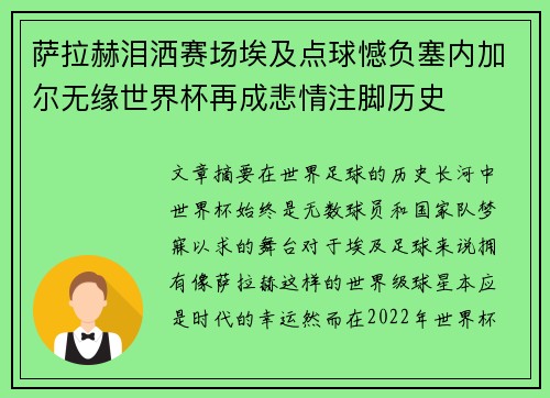 萨拉赫泪洒赛场埃及点球憾负塞内加尔无缘世界杯再成悲情注脚历史