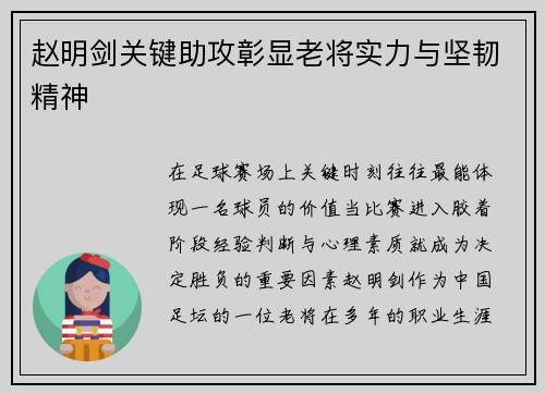 赵明剑关键助攻彰显老将实力与坚韧精神